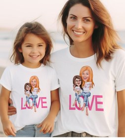Resim Bk Gift 2’li Kişiye Özel Anne-Kız Karikatürlü Kombin Tişört Seti-8, Anneye Hediye, Anneler Günü Hedi 