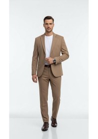 Resim Erkek Slim Fit Mikro Dokulu Takım Elbise Çift Düğmeli Modern Kesim Vizon 