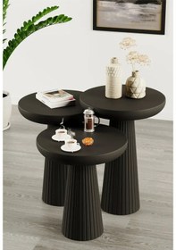 Resim Wooden Siyah Ahşap 3 Lü Set Fitilli Mantar Yan Sehpa Modern Siyah Renk Fiskos Siyah 