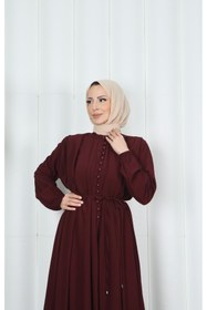 Resim HNT Hayrunnisa Tesettür Biritli Bağcıklı Tesettür Elbise Bordo HNT7134 