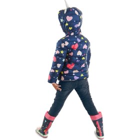 Resim Denokids Kız Çocuk Su İtici Lacivert Kapüşonlu Unicorn Desenli Mont 3 Yaş Uzun Kol 