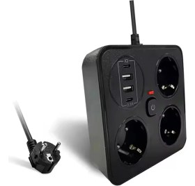Resim Akım Korumalı Anahtarlı Priz - 3x Priz - 2x USB - 2x Type-C - 2 mt Kablo Hızlı Şarj Özellikli Siyah 
