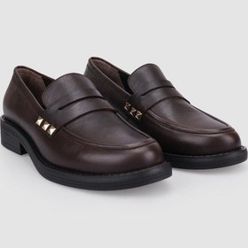 Resim Hakiki Deri Kahverengi Zımba Detaylı Kadın Loafer Kahverengi 