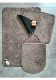 Resim Ultrasoft Düz Kapuçino 3 Lü Banyo Halısı Paspası Seti Kaymaz Kahverengi 