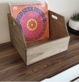 Resim Ahşap Lp Plak Sandığı - Organizer Kutu - Wooden Lp Record Box Ceviz 