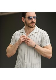 Resim Erkek Kısa Kollu Gri Çizgi Desenli Örme Kumaş Pamuklu Gömlek Antrasit 
