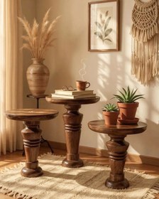 Resim ASELYA HOME Doğal Ahşap 3’lü Set Mantar Yan Sehpa Modern Fiskos Zigon Çiçeklik 