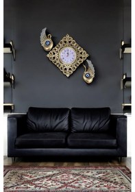 Resim Dekoratif Polyester Duvar Saati Ve Nazar Boncuklu 2 Kuğu Altın 