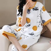 Resim Kadınlar için Bitki & Çiçek Puantiyeli Rahat Pijama Takımı, Yuvarlak Yaka Kısa Kollu ve 7/8 Pantolon Yazlık Ev Giysisi, Günlük Gevşek Kesim 