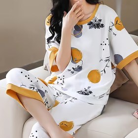 Resim Kadınlar için Bitki & Çiçek Puantiyeli Rahat Pijama Takımı, Yuvarlak Yaka Kısa Kollu ve 7/8 Pantolon Yazlık Ev Giysisi, Günlük Gevşek Kesim 