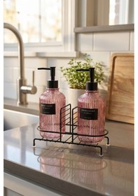 Resim Makri Home Modern Çizgili Yuvarlak Cam Ikili Sıvı Sabunluk & Deterjanlık Seti, Pembe- 500 Ml Cam Sabunluk 