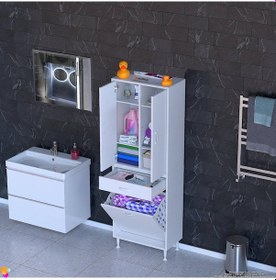 Resim Modilayn Yeni Afra 60x173x32,5cm 1 Çekmece, 1 Göz Sepet, 2 Kapak, 6 Raf Dar Alan Banyo Dolabı Beyaz 