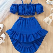 Resim Askısız Omuz Moda Kızlar Yarım Etek Kavisli Etekli İki Parçalı Set Yazlık Kıyafetler Pileli Kabarcık Kollu ve Çok Yönlü 