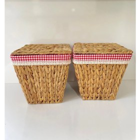 Resim Beyaz Atölye 2li Kırmızı Iç Korumalı Hasır Kapaklı Çok Amaçlı Patates ve Soğan Sepeti 