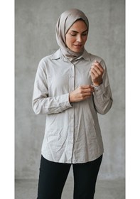 Resim Ece Giyim Kadın Önü Düğmeli Yakalı Arka Uzun Ön Kısa Tansel Tunik Gömlek Krem 