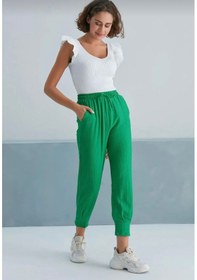 Resim Yeşil Bel Büzgülü Bürümcük Kumaş Kadın Eşofman Alt Yeşil 