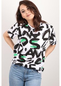 Resim Kadın Baskılı Bisiklet Yaka Oversize T-shirt Beyaz 