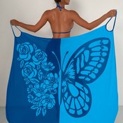 Resim Kadınların Seksi V-Yaka Kelebek Baskılı Plaj Örtüsü Elbisesi, %100 Polyester Örgü Kumaş, Hafif Esneklik, Renk Blok Tasarımı, Hafif 100g/m², Yaz Modası 