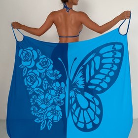 Resim Kadınların Seksi V-Yaka Kelebek Baskılı Plaj Örtüsü Elbisesi, %100 Polyester Örgü Kumaş, Hafif Esneklik, Renk Blok Tasarımı, Hafif 100g/m², Yaz Modası 