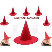 Resim Kırmızı Keçe Cadı Şapkası Yetişkin-Çocuk Uyumlu 