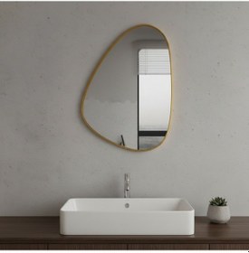 Resim 70x98 Cm Modern Organik Şekilli Altın Çerçeveli Düzensiz Banyo Aynası Dekoratif Asimetrik Duvar Aynası Altın 