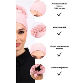 Resim Loggia Fırfırlı Dikişsiz Penye Bone Pembe - Kadın Tesettür Bağlamalı Topuz İç Bone Pudra Pembe 