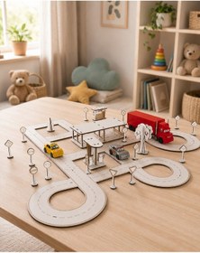 Resim Ahşap Trafik Ve Yol Seti Oyuncak Montessori Eğitici Araba Yolu, Trafik İşaretleri Ve Benzin İstasyonu Oyun Seti 