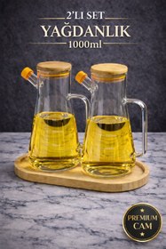 Resim PAKETLENDİ 2 Adet 900ml Bambu Kapaklı Vakumlu Borosilikat Yağdanlık (Bambu Altlığı Sete Dahil Değildir) 