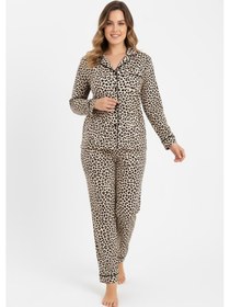 Resim Bravie Luxury Viscose Leopar Desenli Kadın Uzun Kollu Büyük Beden Pijama Takımı 42526 Leopar2 