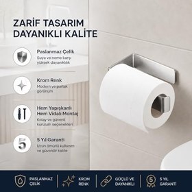 Resim Alper Banyo Paslanmaz Çelik Lamalı Tuvalet Kağıtlığı, Krom Renk WC Kağıt Askılığı, Hem Yapışkanlı Hem Vidalı Montajlı, Açık Uç Tasarımlı Banyo Kağıtlık, 5 Yıl Garantili 