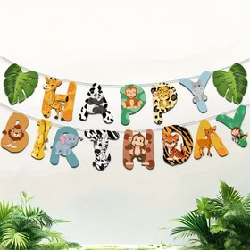 Resim 15 parçalık Vahşi Yaşam Partisi Banner Seti - Renkli Hayvan Gerdanlığı ile "Mutlu Doğum Günü" Harfleri, Karma Renkler, Kağıt Malzeme, Oda Dekorasyonları ve Parti Malzemeleri için İdeal, Doğum Günü Partisi Dekorasyonları 