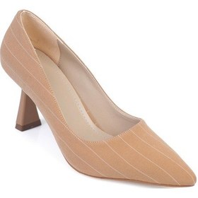 Resim Shoetek Luana Kadın Stiletto Çizgili Kumaş Topuklu Ayakkabı Bej Saten Bej 