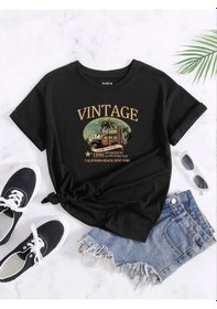 Resim Kadın Siyah Vintage Sand Waves Baskılı Oversize T-shirt 001 