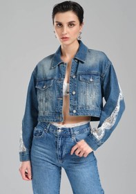 Resim tw3 Kadın Mavi Kot Rengi Kolları Dantelli Loose Fit Tasarım Denim Ceket 