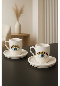 Resim 2 Kişilik Porselen Nazar Göz Fincan Takımı Seti Ve 2 Adet Porselen Lokumluk Ve 2 Adet Cam Bardak Beyaz 