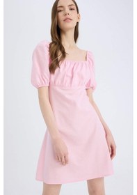 Resim Defacto Kare Yaka Keten Karışımlı Kısa Kollu Mini Elbise D8272ax25smpn663 Pembe-pn663 