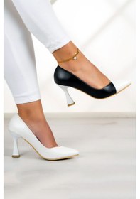 Resim Jatqılı Plus Siyah Beyaz Kadeh Topuklu Ayakkabı Siyah - Beyaz 