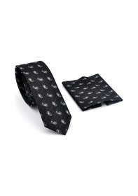 Resim Gaffy Beyaz Şal Desenli Siyah Dokuma Kumaş Mendilli Slim Fit Kravat // Sdk-240809 Desenli 