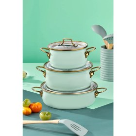 Resim Bonera Vintage Emaye Güveç 6 Parça Tencere Seti Su Yeşili 