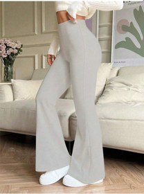 Resim Kadın Yüksek Bel Ispanyol Paçalı Pantolon Tayt Gri 