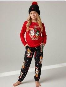 Resim Kız Çocuk Pamuklu Best Friends Penguen Baskılı Pijama Takımı-16822 Kırmızı 