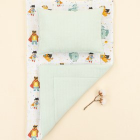 Resim Alt Açma Matı ve Yastık - Çift Taraflı - Su Yeşili Muslin - Süper Kahramanlar 