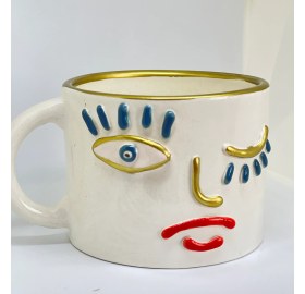 Resim Sim Atölye Yüz Desenli El Yapımı Altın Yaldız Detaylı Geniş Kahve Kupası 