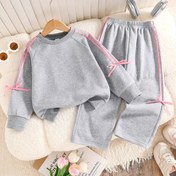 Resim 2 Parça Kız Çocuk Eşofman Takımı, Yaylı Yuvarlak Yakalı Sweatshirt ve Pantolon, Sonbahar için Rahat Dış Mekan Giyim, Kızlar İçin Mükemmel 