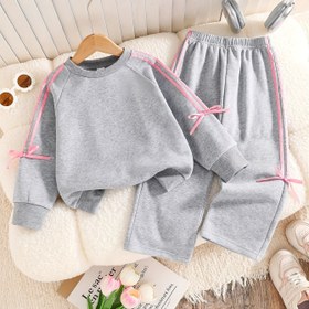 Resim 2 Parça Kız Çocuk Eşofman Takımı, Yaylı Yuvarlak Yakalı Sweatshirt ve Pantolon, Sonbahar için Rahat Dış Mekan Giyim, Kızlar İçin Mükemmel 