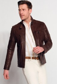 Resim Wade Erkek Kahverengi Slim-Fit Deri Ceket - Kahverengi / 