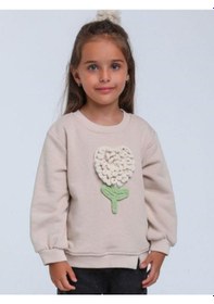 Resim Kız Bebek Örgü Çiçek Detaylı Sweathirt-14304 Bej 