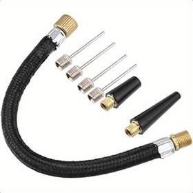 Resim 1 Siyah Hava Hortumu 16,5 cm, 4 Top İğnesi ve Siyah Plastik Metal Top İğnesi Boyutu 7 Parça Set X AUTOHAUX 1 Set Taşınabilir Hava Pompası İnflasyon İğnesi Konik Nozul Uzatma Hortumu, Bisiklet Tekerlek Lastiği İnflasyonu için Uygun 
