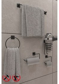 Resim Alper Banyo Jasmin Kare Siyah Yapışkanlı 5'li Banyo Seti - Kağıtlık Solo Havluluk Yuvarlak Havluluk Uzun Havluluk Kare Fön Makinesi Askısı Siyah 