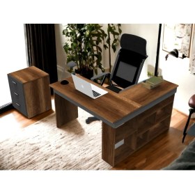 Resim Robin Home Boston Kitaplık Raflı L Ofis Çalışma Masası ve Keson Etajer 3 Çekmeceli Barok-Antrasit 